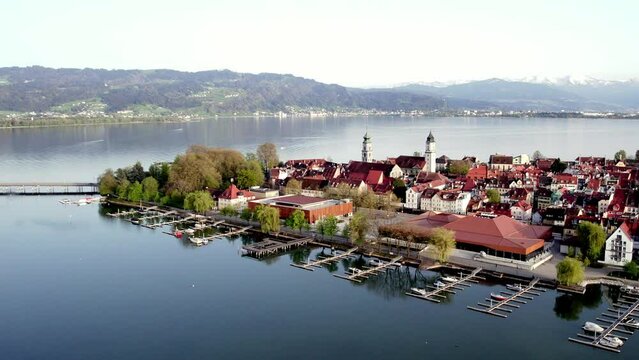 Cinematic aerial from island Lindau at Lake Constance