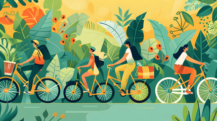 Bustling city street filled with cyclists commuting to work, showcasing the popularity of eco-friendly transportation modes, bike-sharing programs, vibrant energy of bike-friendly urban environment