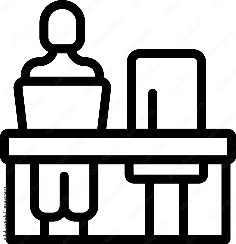 Poster vector illustration of a modern office worker sitting at a desk with a computer, featuring a simple 