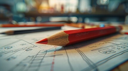 a sharpened red pencil lies against a background of drawings and graphs, economic concept, business ideas, development plan