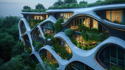 A futuristic green building design with solar panels