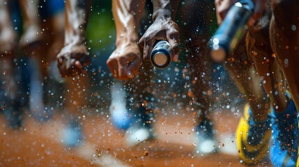 Two people are holding a baton and exchanging it
