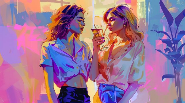 A charming duo of elegant people, two girls or two men on a date in a vibrant LGBTQ+ festival, Helsinki, Finland, sipping cocktails on the street - one with flowing vibrant hair in a chic blouse and