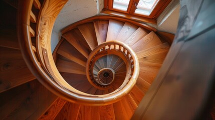 Spiral staircase made of wood going down.