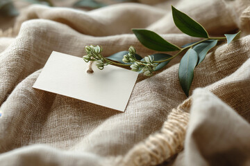 Elegant card with white flowers on burlap