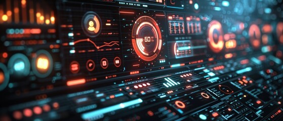 Obraz premium A sleek and modern digital interface with various widgets and charts, set against a dark background. The high contrast and sharp details highlight the precision and sophistication of modern
