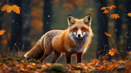 Obraz premium Granater AI A fox standing in an autumn forest, surrounded by colorful foliage and a serene atmosphere.