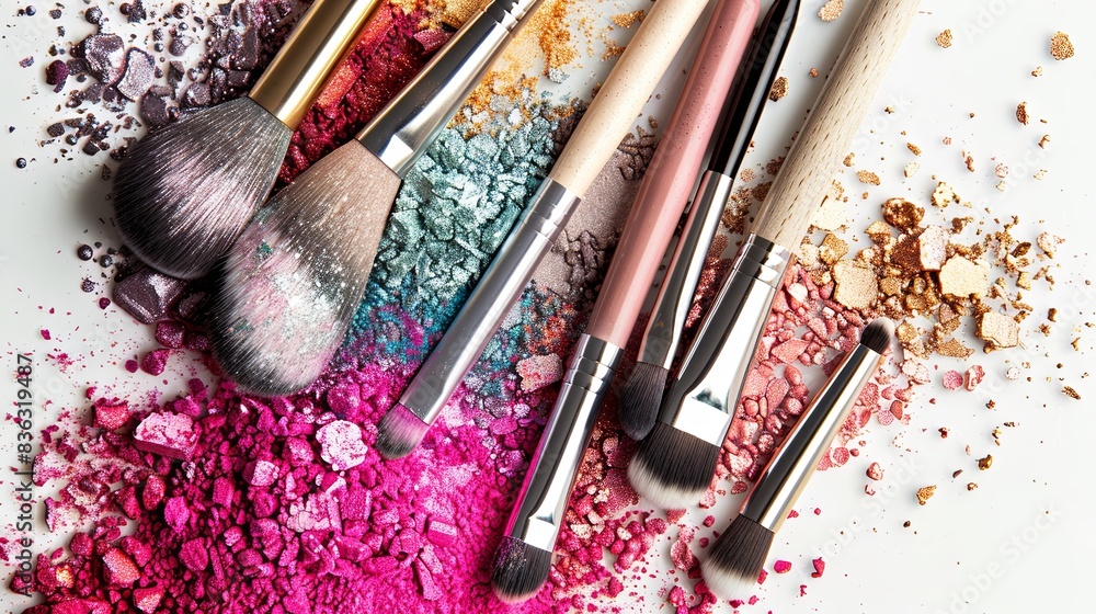 Poster makeup brushes covered in colorful eyeshadow and blush on a white background. generative ai