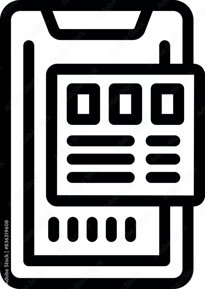 Poster black outline vector icon representing a clipboard with charts and graphs for business analytics