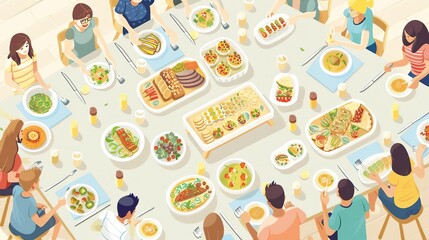 Top view of a large group of people gathered around a table for a meal.