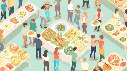 People gathered around tables filled with delicious food at a buffet.