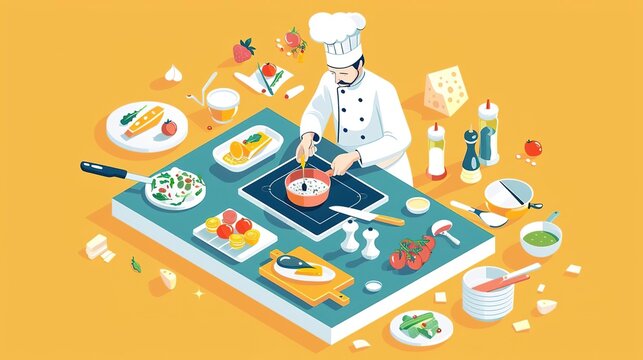 Isometric illustration of a chef cooking in a kitchen with various ingredients and tools. - Powered by Adobe