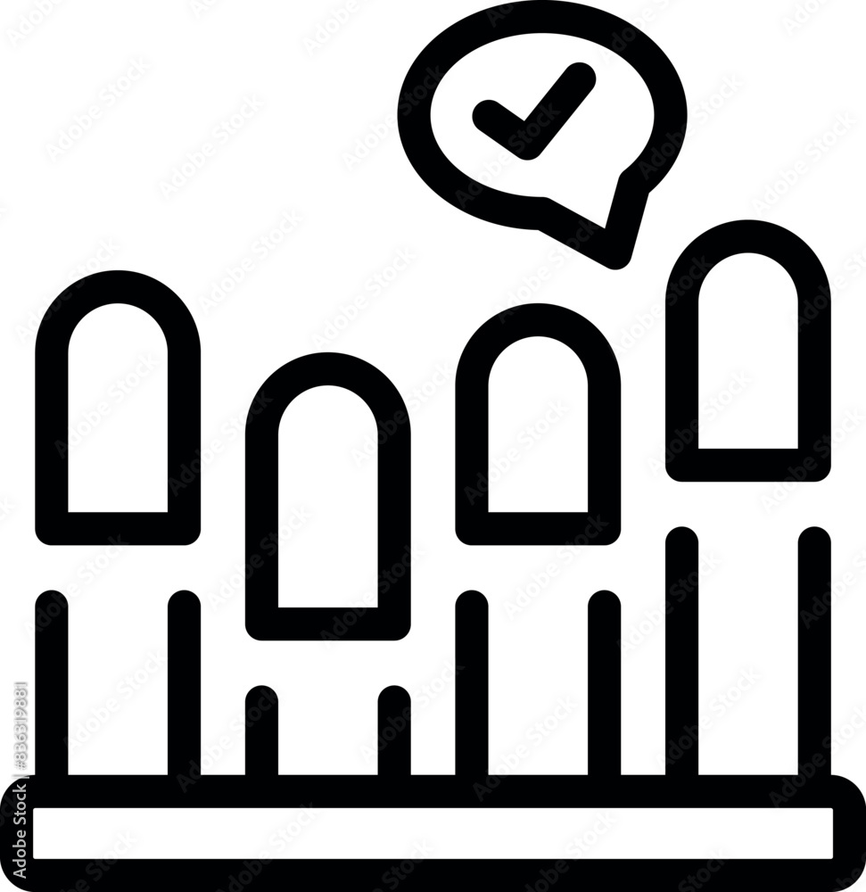 Poster black outline vector icon of a speech bubble with checkmark over a stylized fence