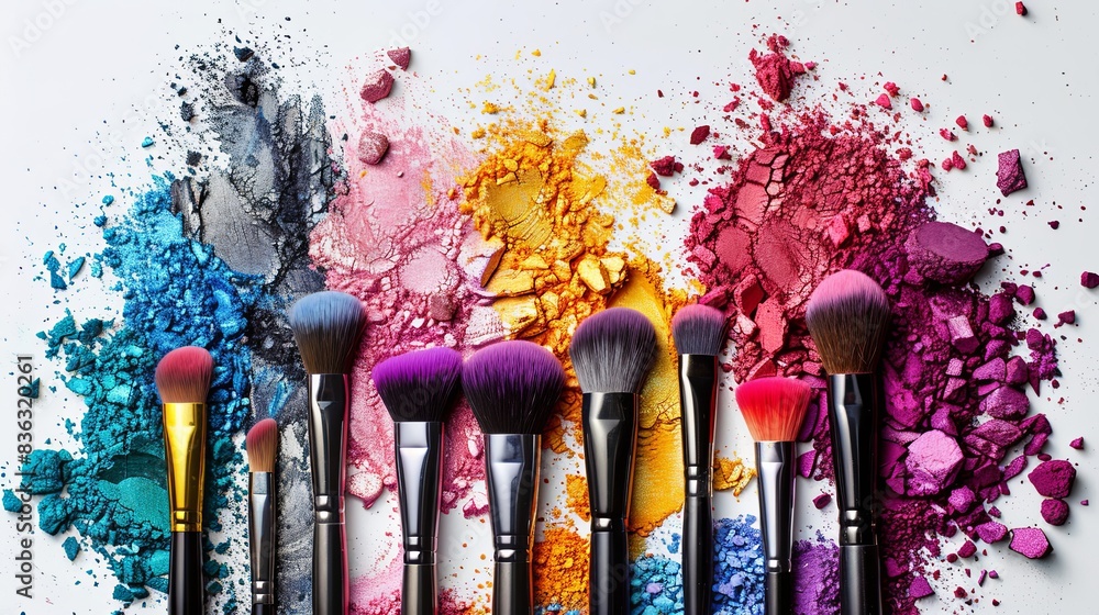 Aufkleber a close-up image of various makeup brushes arranged on a white background, covered in vibrant eyesha