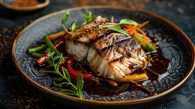 Grilled black cod fish with soy sauce and mixed vegetables on a dark backdrop