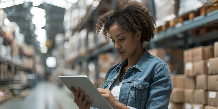Woman in denim jacket uses tablet in warehouse with neatly stacked packages. Concept Logistics Warehouse, Technology in Supply Chain, Inventory Management, Digital Tablet Usage