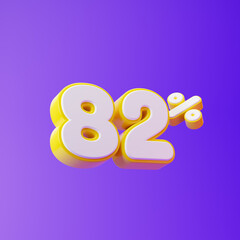 White eighty two percent or 82 % with yellow outline isolated over purple background. 3D rendering.