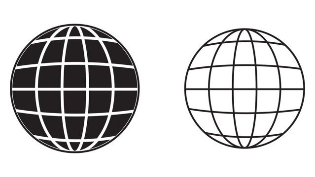 Black and white internet globe network stroke lines icons isolated on white