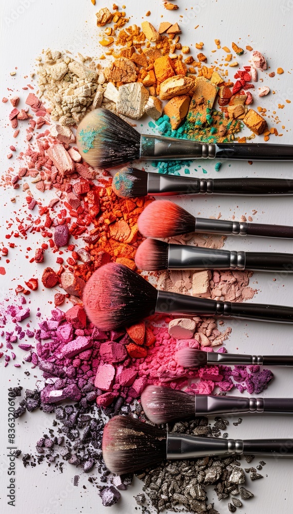 Poster a close-up image of makeup brushes covered in colorful eyeshadow and blush. generative ai