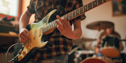 A teen guitarist in indoor band practice. Aspiring guitarist in band rehearsal indoors.