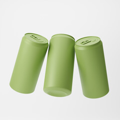 Falling green matte aluminum soda cans isolated over white background. Mockup template. 3d rendering.