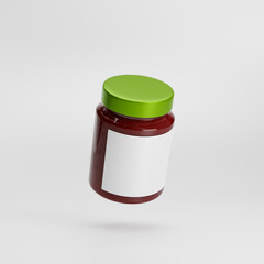 Flying glass jam jar with blank label isolated over white background. Mockup template. 3d rendering.