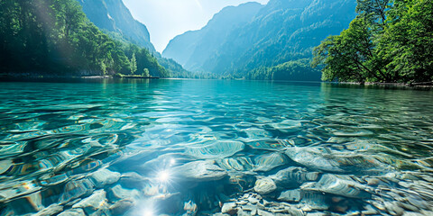 Sunlit sparkle lake with pristine natural turquoise water.