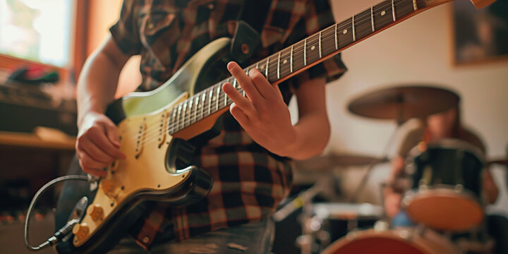 A teen guitarist in indoor band practice. Aspiring guitarist in band rehearsal indoors.