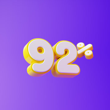 White ninety two percent or 92 % with yellow outline isolated over purple background. 3D rendering.