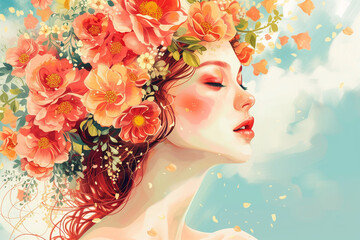 Illustration of a beautiful woman with flowers women, creative, colorful


