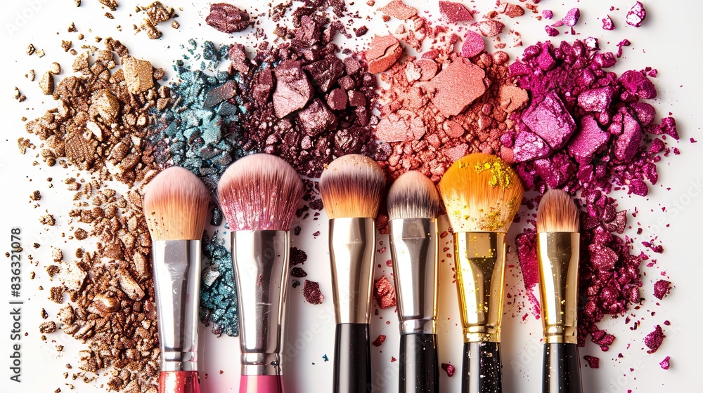 Poster a close-up view of colorful makeup brushes, covered in various shades of eyeshadow and blush, arrang