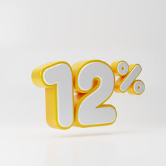 White twelve percent or 12 % with gold outline isolated over white background. 3D rendering.