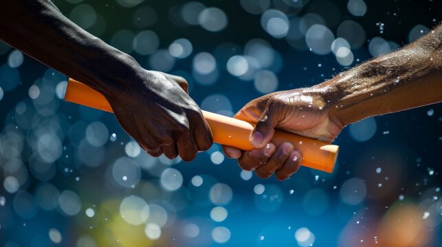 Two people are holding a baton and exchanging it