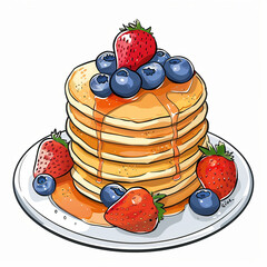Defined cartoon illustration of a fruity tall stack of pancakes with strawberries and blueberries with flavored syrup on white background png