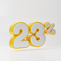 White twenty three percent or 23 % with gold outline isolated over white background. 3D rendering.