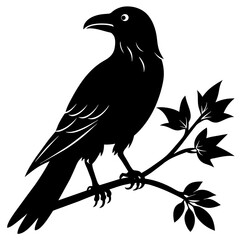 Crow sitting on a branch vector silhouette illustration.