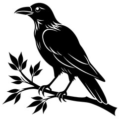 Crow sitting on a branch vector silhouette illustration.