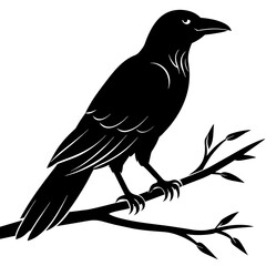 Crow sitting on a branch vector silhouette illustration.