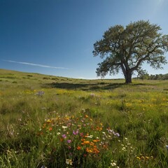 A tree in a field of flowers