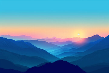 Sunset over mountains with blue sky, nature background - vector illustration


