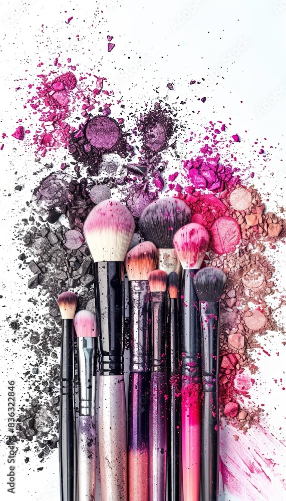 Poster a close-up image of a group of makeup brushes coated in colorful eyeshadow and blush powder on a whi