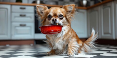 Adorable small dog in kitchen holding a red food bowl, eagerly waiting for a meal on a black and white checkered floor