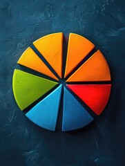 Fototapeta premium A pie chart divided into colorful slices, representing different asset classes in an investment portfolio, on a professional navy blue background. Perfect for visualizing investment diversification