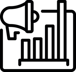 Black line icon representing marketing growth with a megaphone and rising bar chart