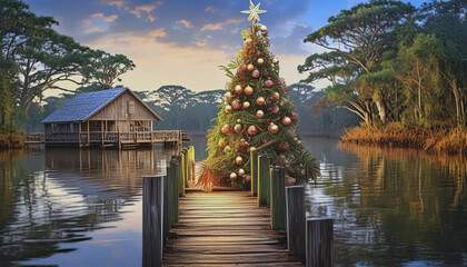 Christmas in Bayou, Tree on Dock, House in Background AI