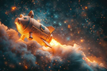 A rocket ship shaped like a piggy bank blasting off into space, symbolizing reaching financial goals, on a starry night sky background. Ideal for promoting investment strategies and achieving