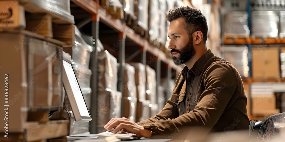 Poster man using computer in warehouse for work. concept warehouse work, computer usage, industrial technol