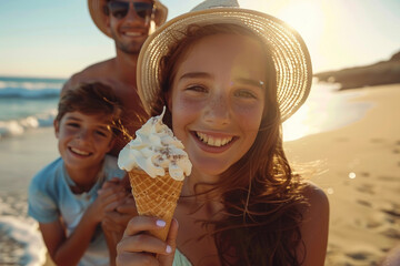 Happy family on the beach eating ice cream in summer