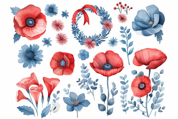 Obraz premium Watercolor 4th of July set with traditional symbols of national day. Hand painted elements for patriotic cards design. Wreath, poppies, US flags, ribbon, plants in red, blue colors, isolated on white 
