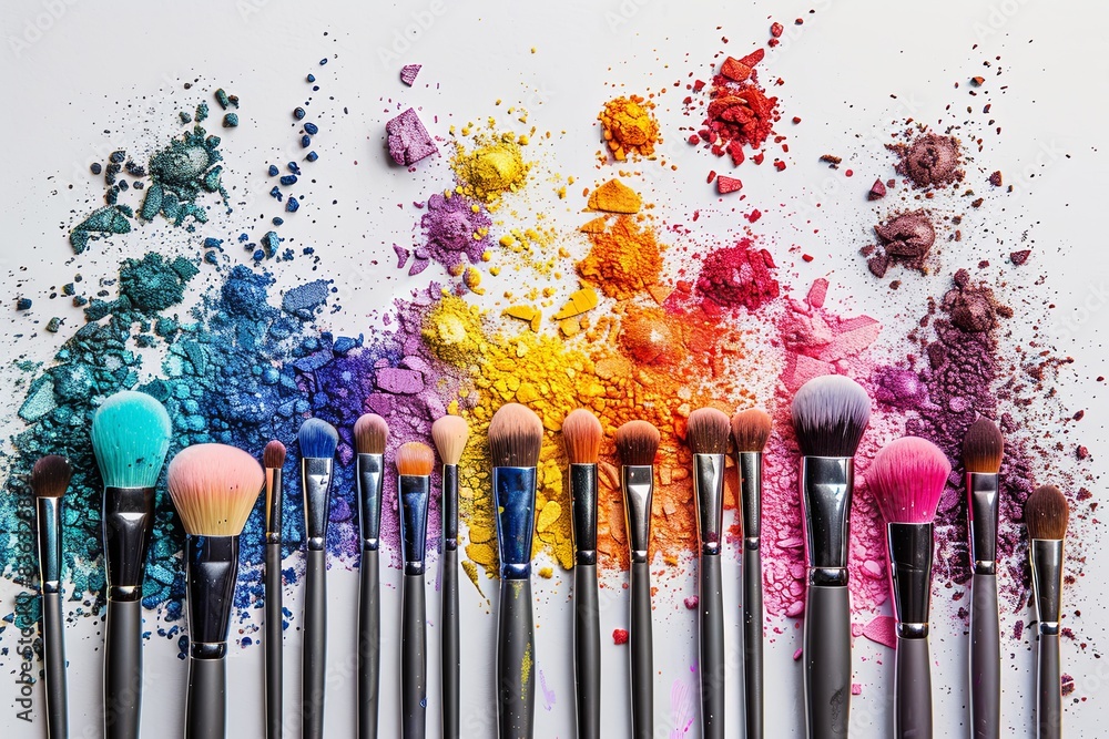 Aufkleber A close-up shot of various makeup brushes with vibrant colors and different sizes arranged on a white background. Generative AI